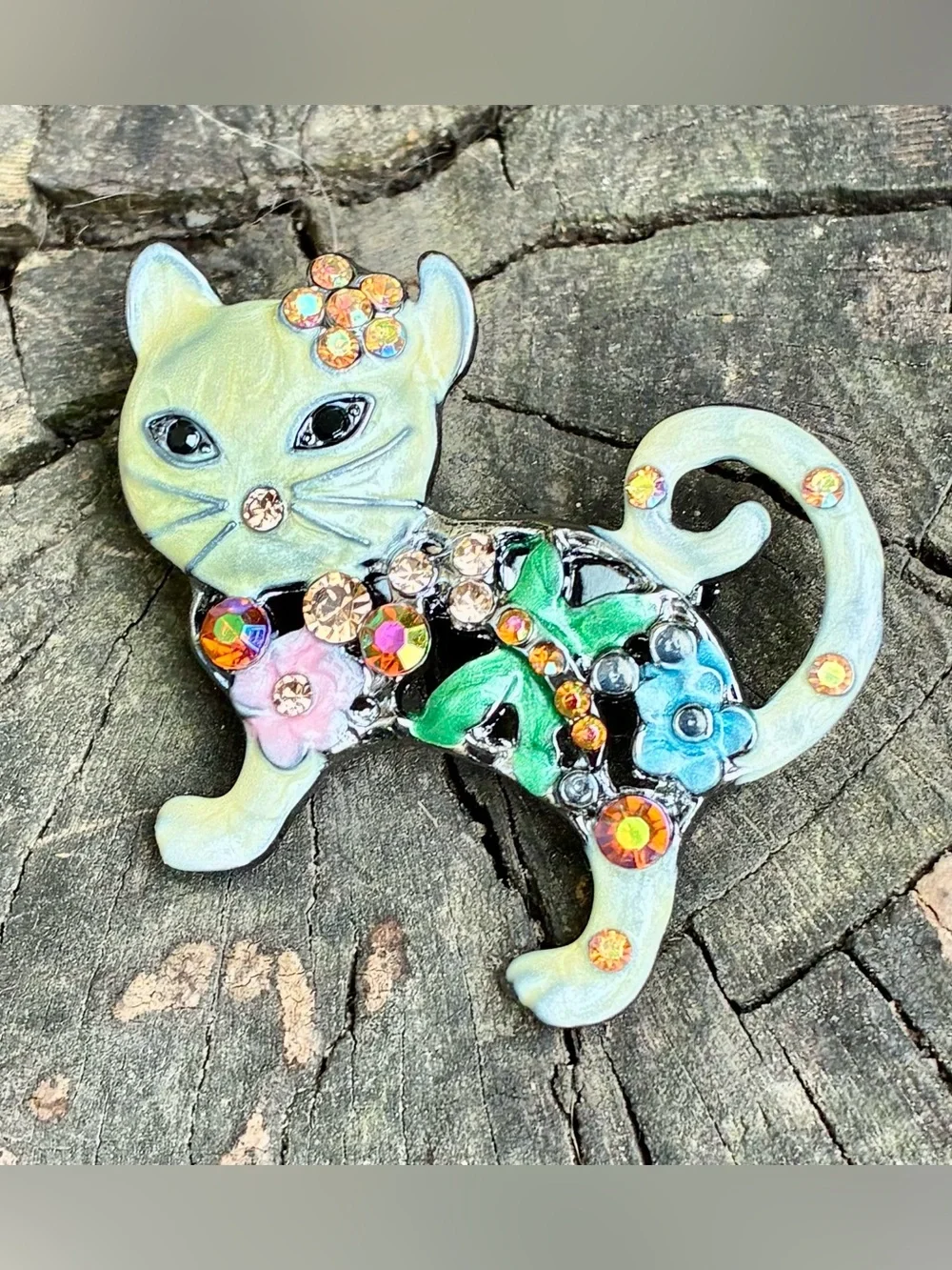 Hand-Painted Jeweled Cat Brooch - Pastel Green Floral Accents